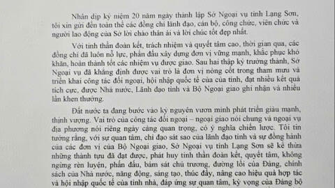 Thư chúc mừng kỷ niệm 20 năm thành lập Sở Ngoại vụ tỉnh Lạng Sơn (16/5/2005 - 16/5/2025) của đồng chí Bùi Thanh Sơn, Uỷ viên Trung ương Đảng, Phó Thủ tướng Chính phủ, Bộ trưởng Bộ Ngoại giao